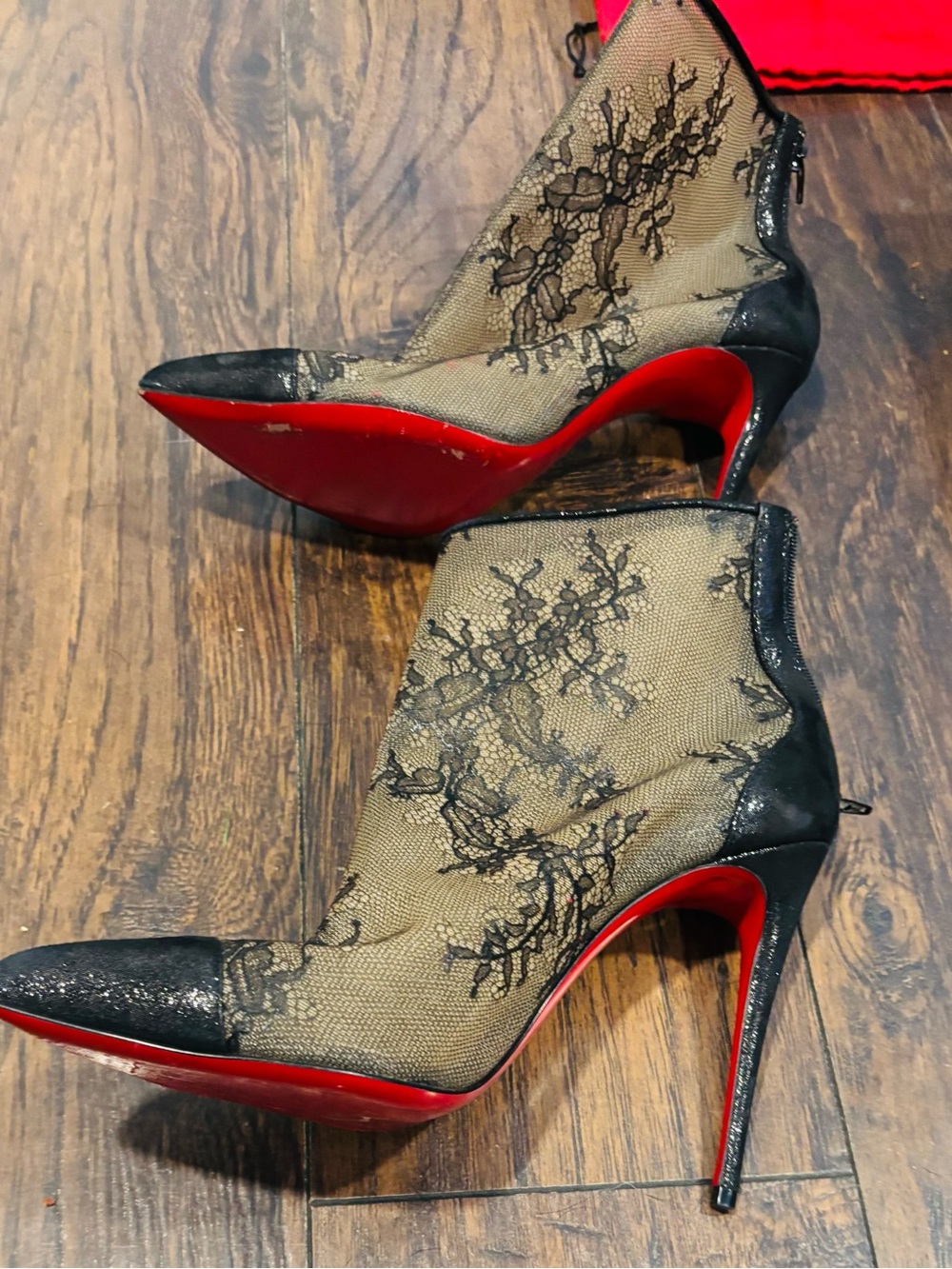Christian Louboutin Black Lace Mesh Ankle Boots with Red Sole
